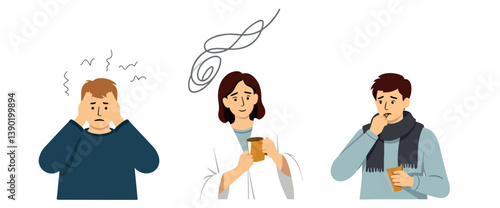 three individuals illustrating various illness symptoms: headache cough and general discomfort