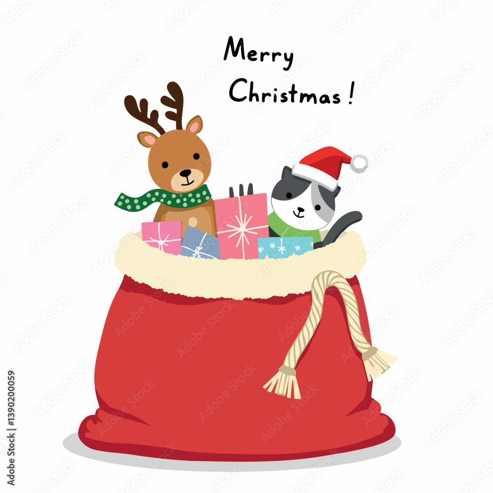 cheerful reindeer and cat with gifts in a santa sack cheerful reindeer and cat with gifts in a santa sack