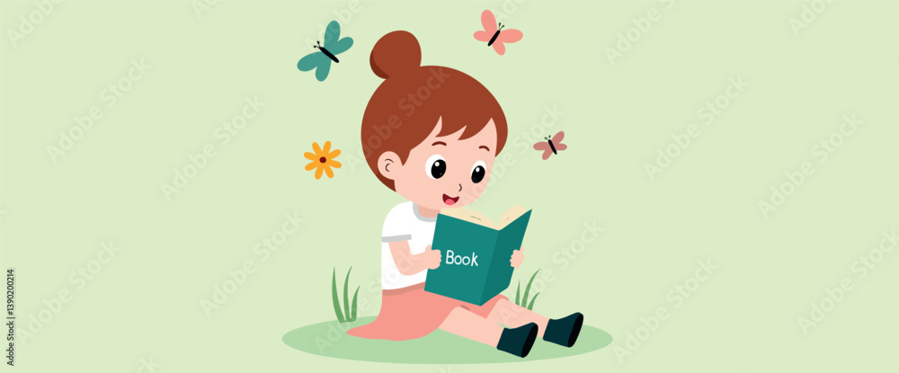 cheerful young girl sits outdoors deeply engaged in reading a teal book surrounded by playful butterflies and a flower. cheerful young girl sits outdoors deeply engaged in reading a teal book surrounded by playful butterflies and a flower.