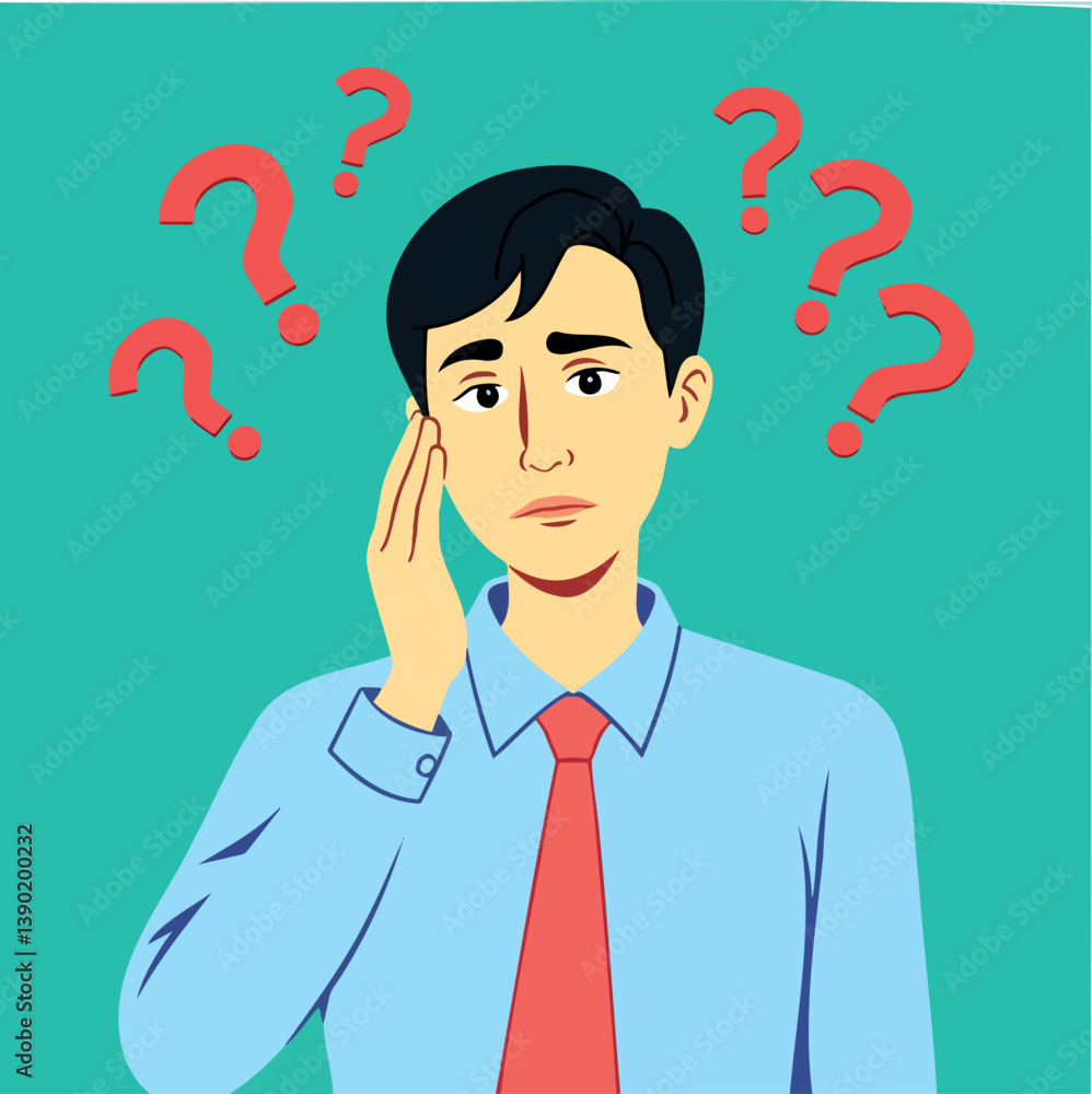 pensive young man contemplates multiple questions