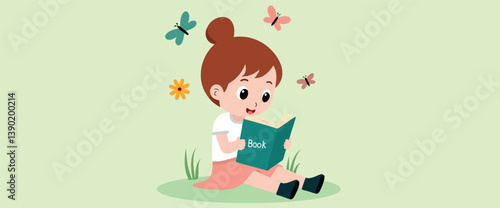 cheerful young girl sits outdoors deeply engaged in reading a teal book surrounded by playful butterflies and a flower.