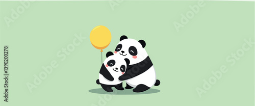 two pandas sharing a loving embrace with a yellow balloon