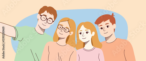 four smiling friends posing for a cheerful group portrait