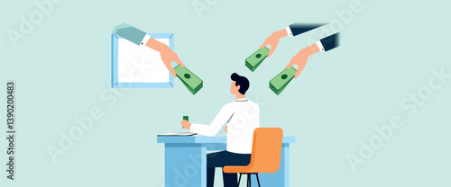 multiple hands delivering stacks of money to a seated person