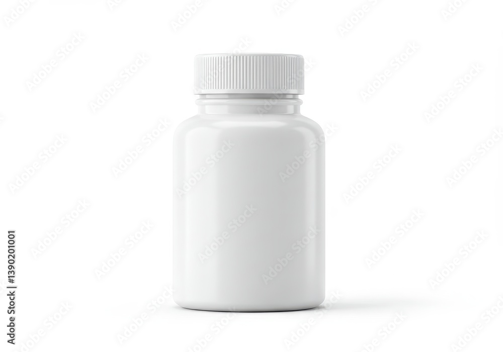 Plain cylindrical white plastic supplement bottle with screw cap, isolated on white background Plain cylindrical white plastic supplement bottle with screw cap, isolated on white background