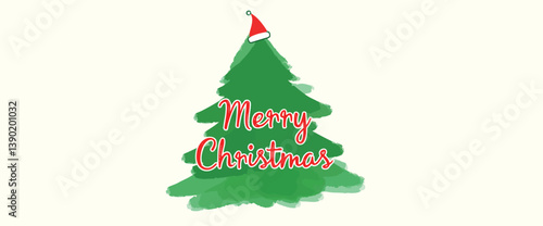 watercolor christmas tree with santa hat and merry christmas