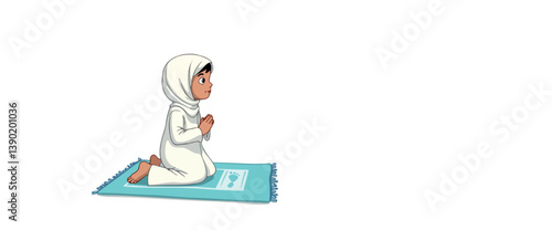 young girl in white robe kneeling on prayer mat in peaceful prayer