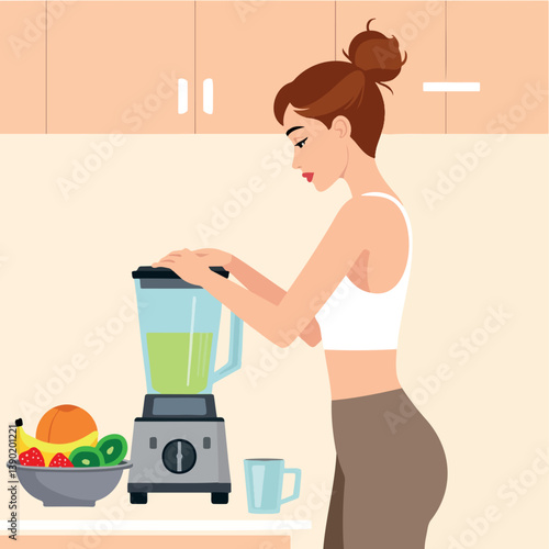 woman making a healthy green smoothie in a blender in her kitchen