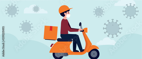 delivery person on a scooter wearing a mask delivering a package during a