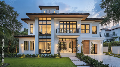 Modern white house with large windows and lush garden at dusk