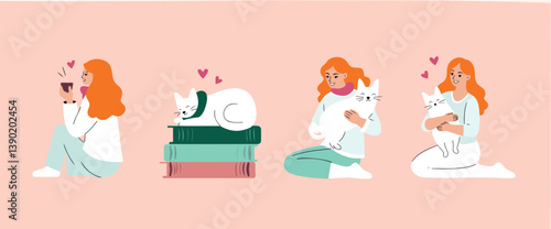 cheerful redhead woman enjoying peaceful moments with her cat