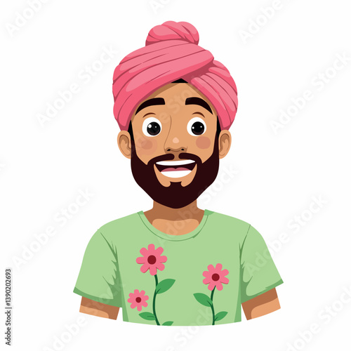 cheerful man wearing a pink turban and a light green floral shirt.