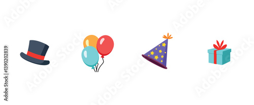 festive items including a top hat balloons party hat and gift box