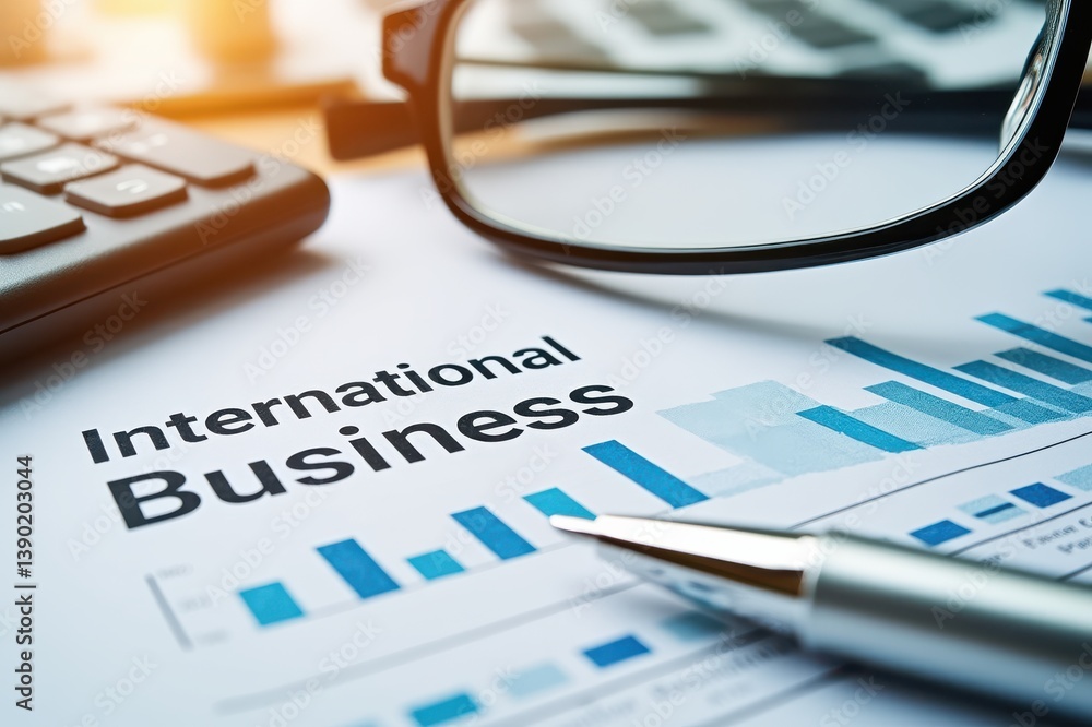 Fototapeta premium Trade and globalization boost economic growth concept. Business documents with graphs and a pen, representing international business concepts.