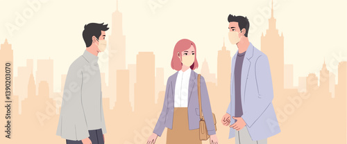 three people wearing face masks maintain social distance in a city setting