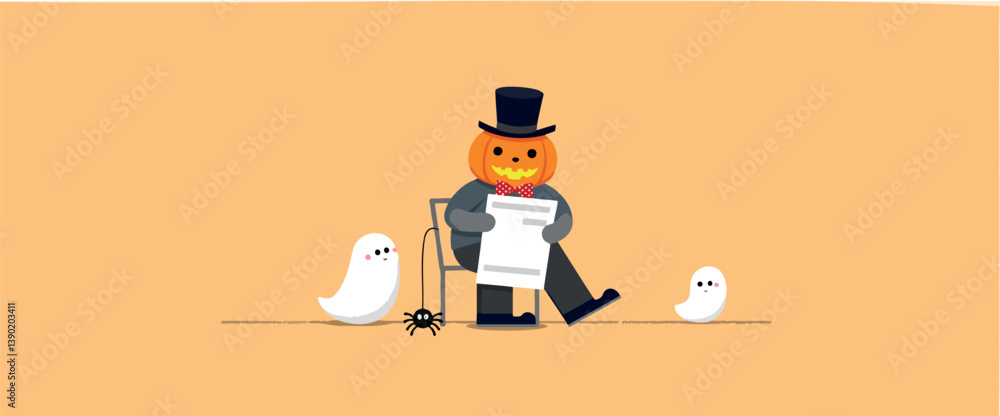 jack-o'-lantern character in formal wear holds a document flanked by friendly ghosts and a small spider jack-o'-lantern character in formal wear holds a document flanked by friendly ghosts and a small spider
