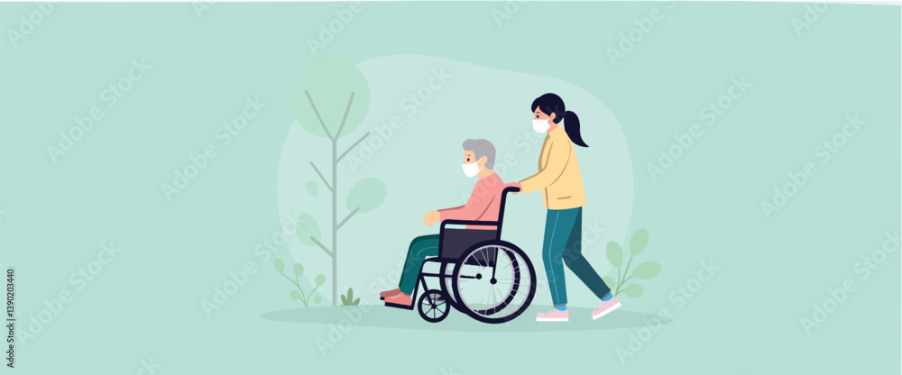 young caregiver gently pushes an elderly person in a wheelchair outdoors young caregiver gently pushes an elderly person in a wheelchair outdoors