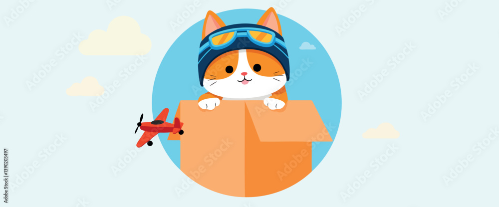 Naklejka premium playful tabby cat in a box with toy airplane