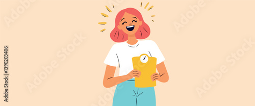 joyful young woman with pink hair happily displays a weight scale radiating success and well-being.