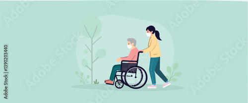 young caregiver gently pushes an elderly person in a wheelchair outdoors