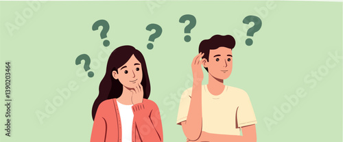 young man and woman thoughtfully contemplate a problem shown by several question marks above their heads.