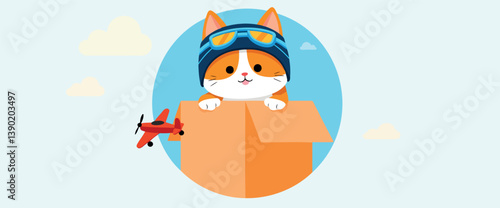playful tabby cat in a box with toy airplane
