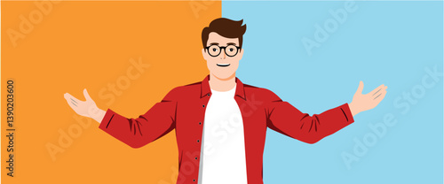 smiling man in red shirt with welcoming gesture