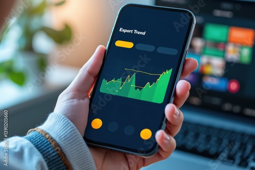 Wallpaper Mural Trade and globalization boost economic growth concept. A person holding a smartphone displaying an export trend graph and data analysis. Torontodigital.ca