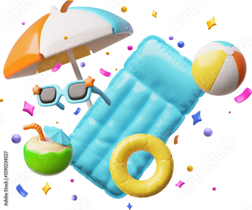 Summer travel, beach and pool 3D design with confetti, umbrella, coconut cocktail, sunglasses, inflatable mattress