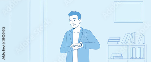 man in a light blue jacket checks his smartwatch in a minimalist office setting