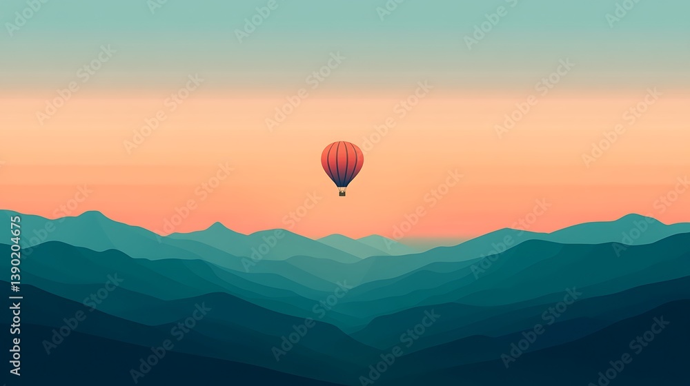 Single hot air balloon above teal mountain range at sunset. Single hot air balloon above teal mountain range at sunset.