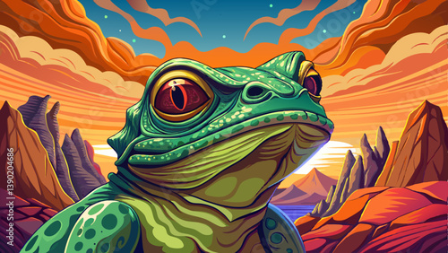 Frog portrait on an alien rock formation under a strange colored sky, animal banner
