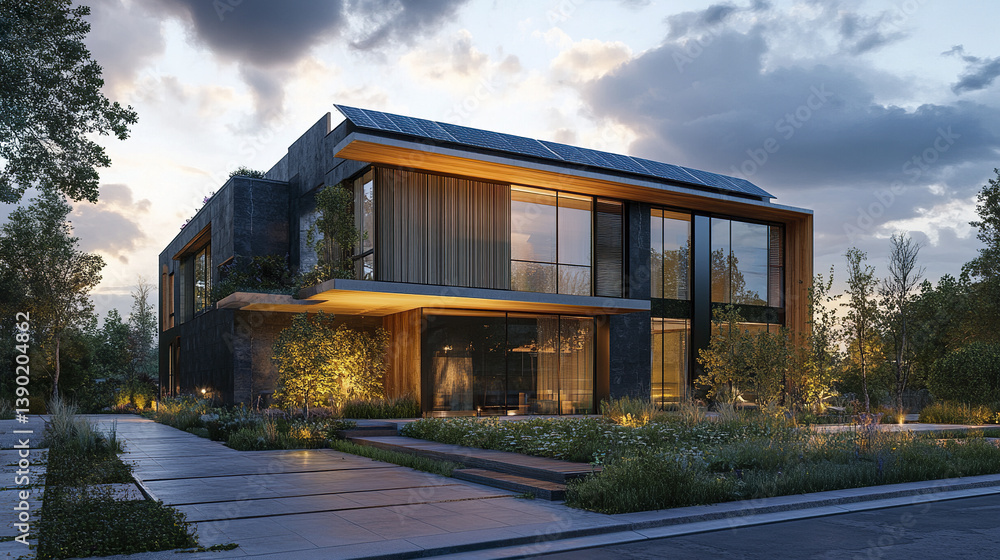 Modern eco house with solar panels and recycled materials at sunset Modern eco house with solar panels and recycled materials at sunset