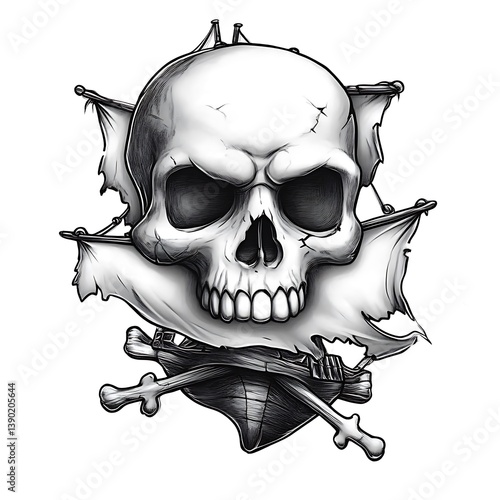 Gray Skull with Pirate Ship Tattoo Design