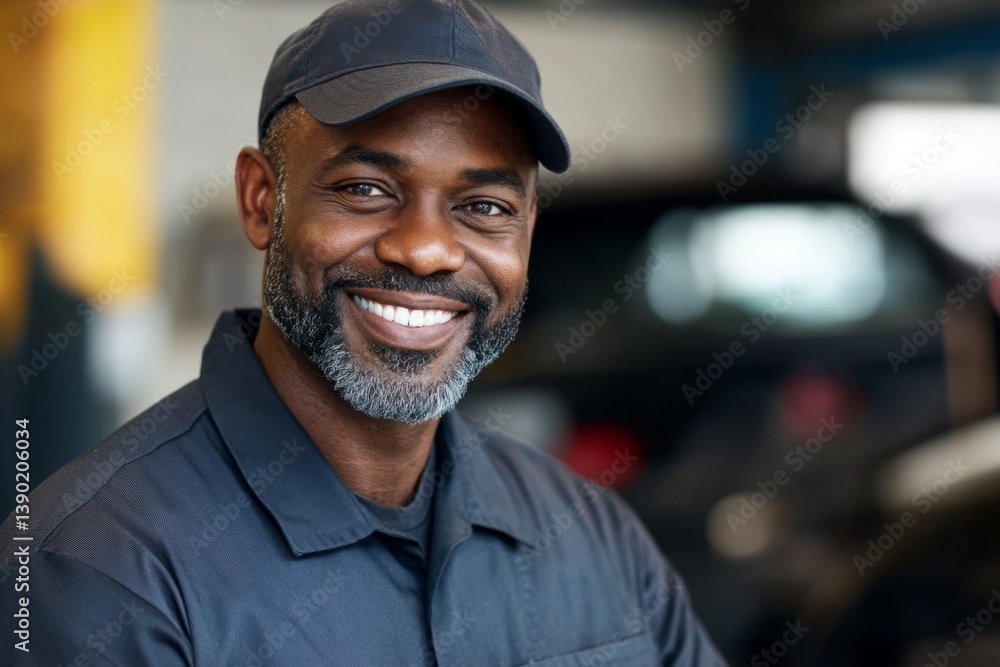 Portrait of smiling middle aged African American man in working uniform supervisor at car repair shop Portrait of smiling middle aged African American man in working uniform supervisor at car repair shop