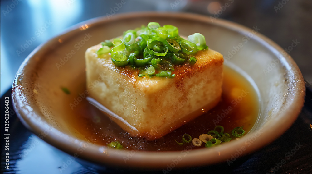 Agedashi tofu in light broth garnished with green onions Agedashi tofu in light broth garnished with green onions