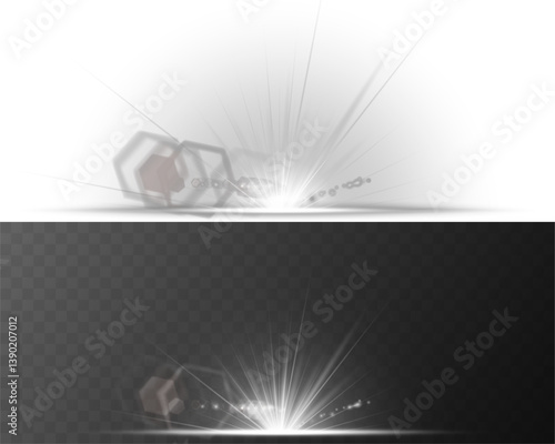 Shimmering light flash erupts with star-dust brilliance. Bokeh particles swirl gently inside solar explosion ring. Glowing flare glistens sharply with radiant white center. Dust sparkle effect floats 