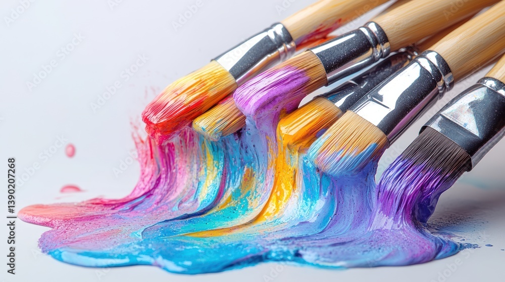 Fototapeta premium Colorful paint dripping from paintbrushes.