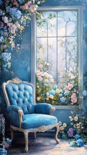 A blue upholstered chair near a window filled with flowers