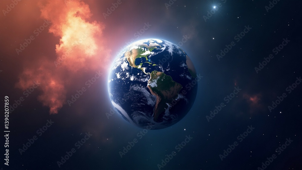 Obraz premium Fantasy flat earth seen from space, cosmic background, glowing atmosphere