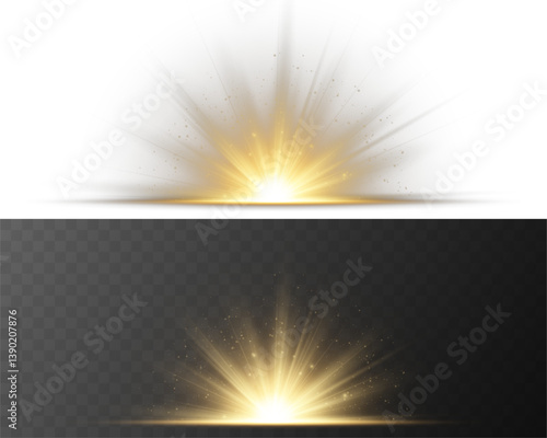Bright flash explodes with glowing rays on transparent background. Magical sparkles drift gently in radiant light burst. Starburst shines intensely, forming vivid white core flare. Solar flare emits