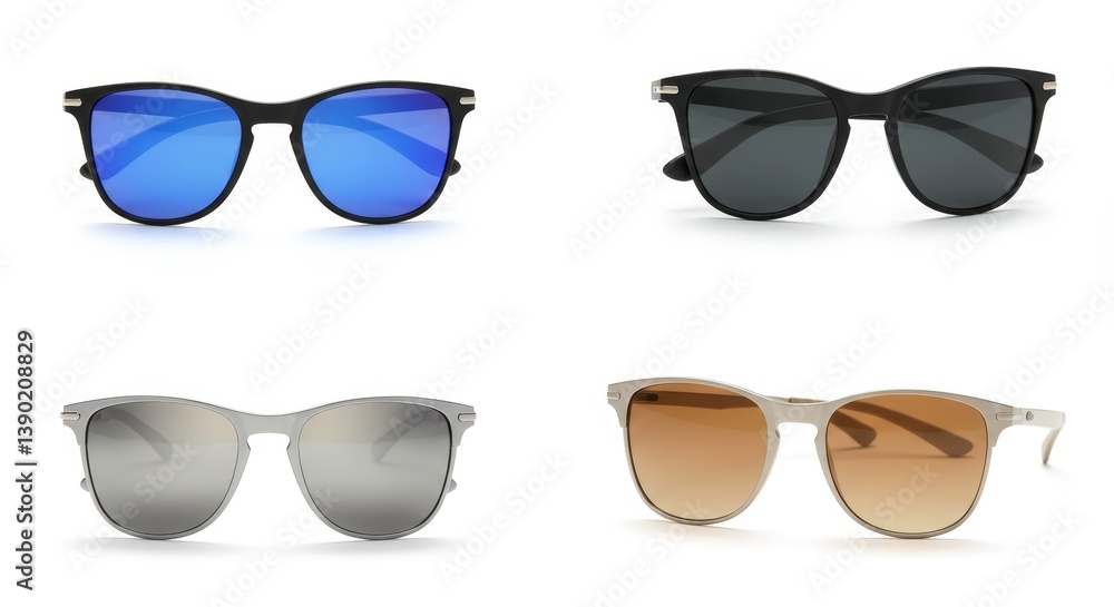 Assortment of stylish sunglasses showcasing varied frame designs and lens colors Assortment of stylish sunglasses showcasing varied frame designs and lens colors