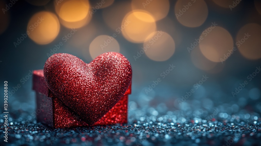 Fototapeta premium Red glitter heart atop small gift box on sparkly surface, bokeh background.