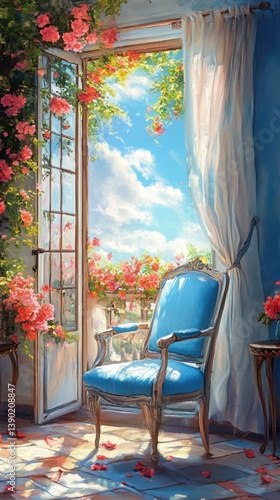 A beautiful blue chair sits near a balcony window with flowers