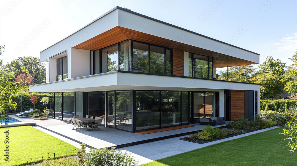 Modern single family house with clean lines and large windows Modern single family house with clean lines and large windows