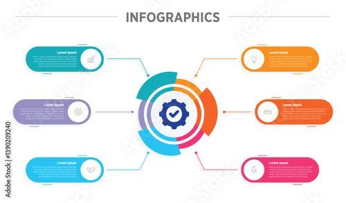 Business Colorful Infographics template. 6 steps rounded timeline with options and marketing icons .Vector rounded infographic with six circle connected elements. Design can be use for presentation.