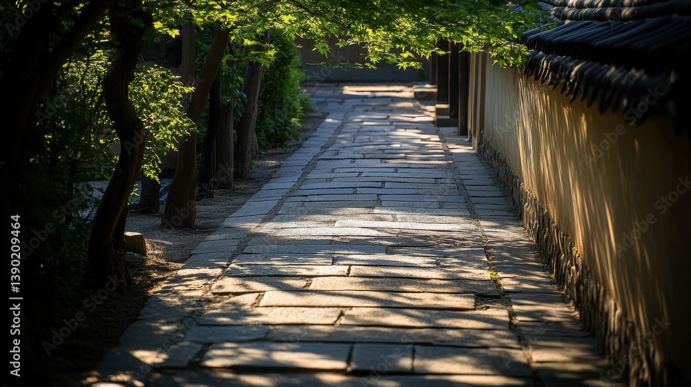 Obraz premium Morning light casting shadows across a stone path in Bukchon Hanok Village.