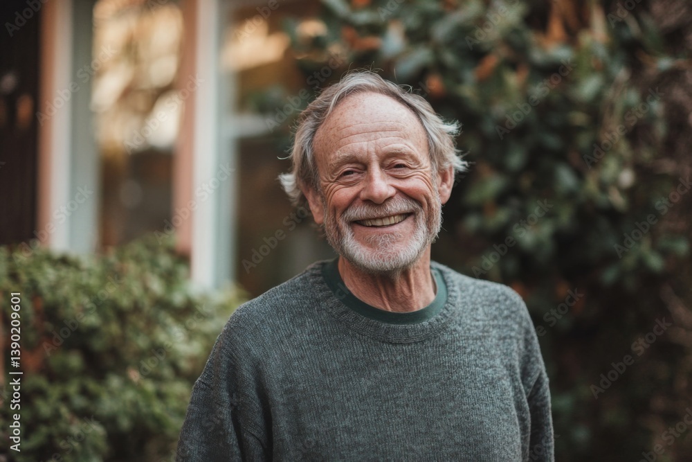Portrait of a elderly Caucasian man smiling in front of nursing home in Usa Portrait of a elderly Caucasian man smiling in front of nursing home in Usa
