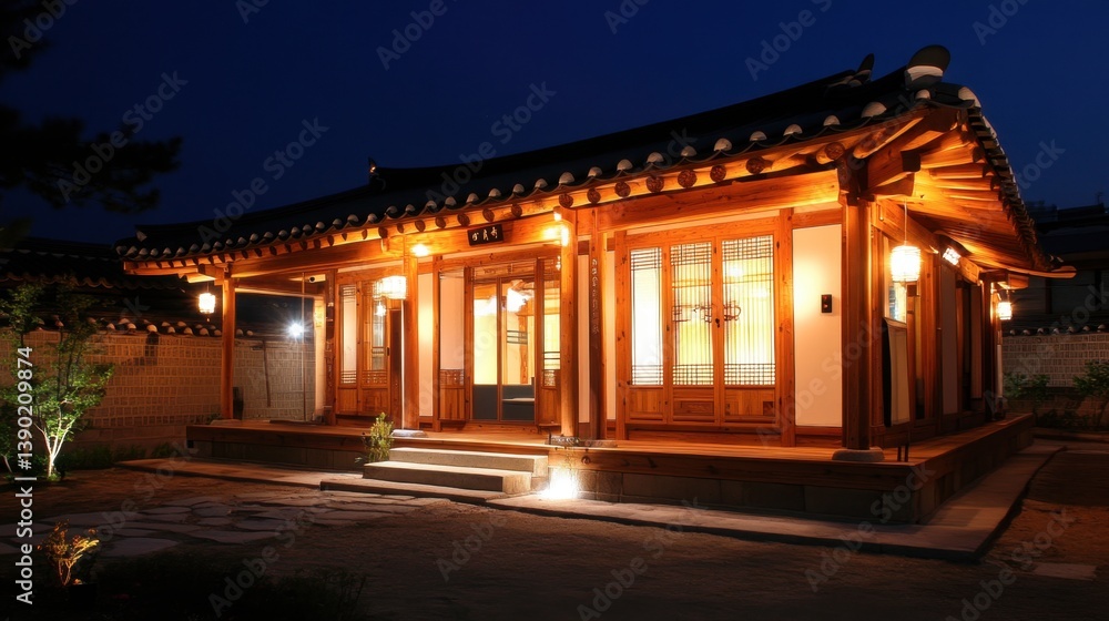 Fototapeta premium Night view of Bukchon Village lit by warm lights, highlighting hanok charm.