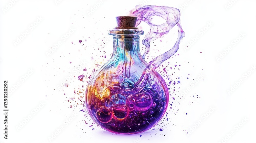 A colorful glass potion bottle with a vibrant swirling liquid A colorful glass potion bottle with a vibrant swirling liquid